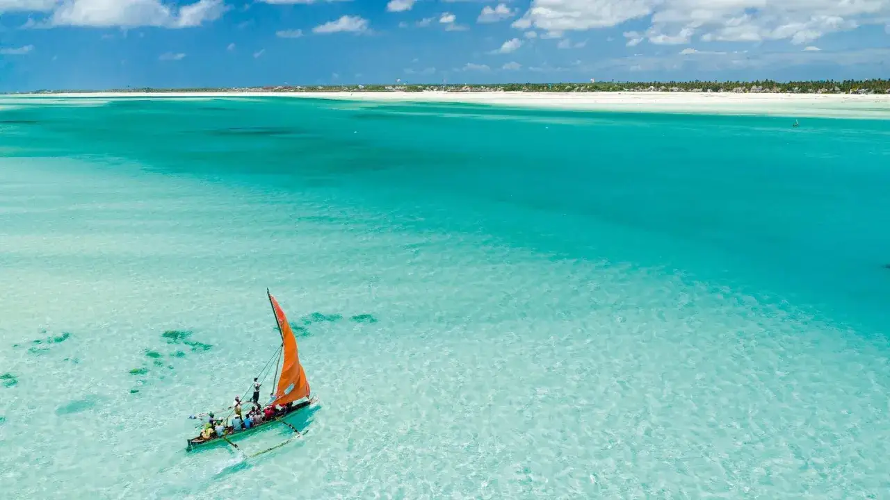 Dhow navegando en aguas turquesas cristalinas, ideal para tu mejor &eacute;poca para viajar a Zanz&iacute;bar. Playa blanca y cielo azul al fondo.