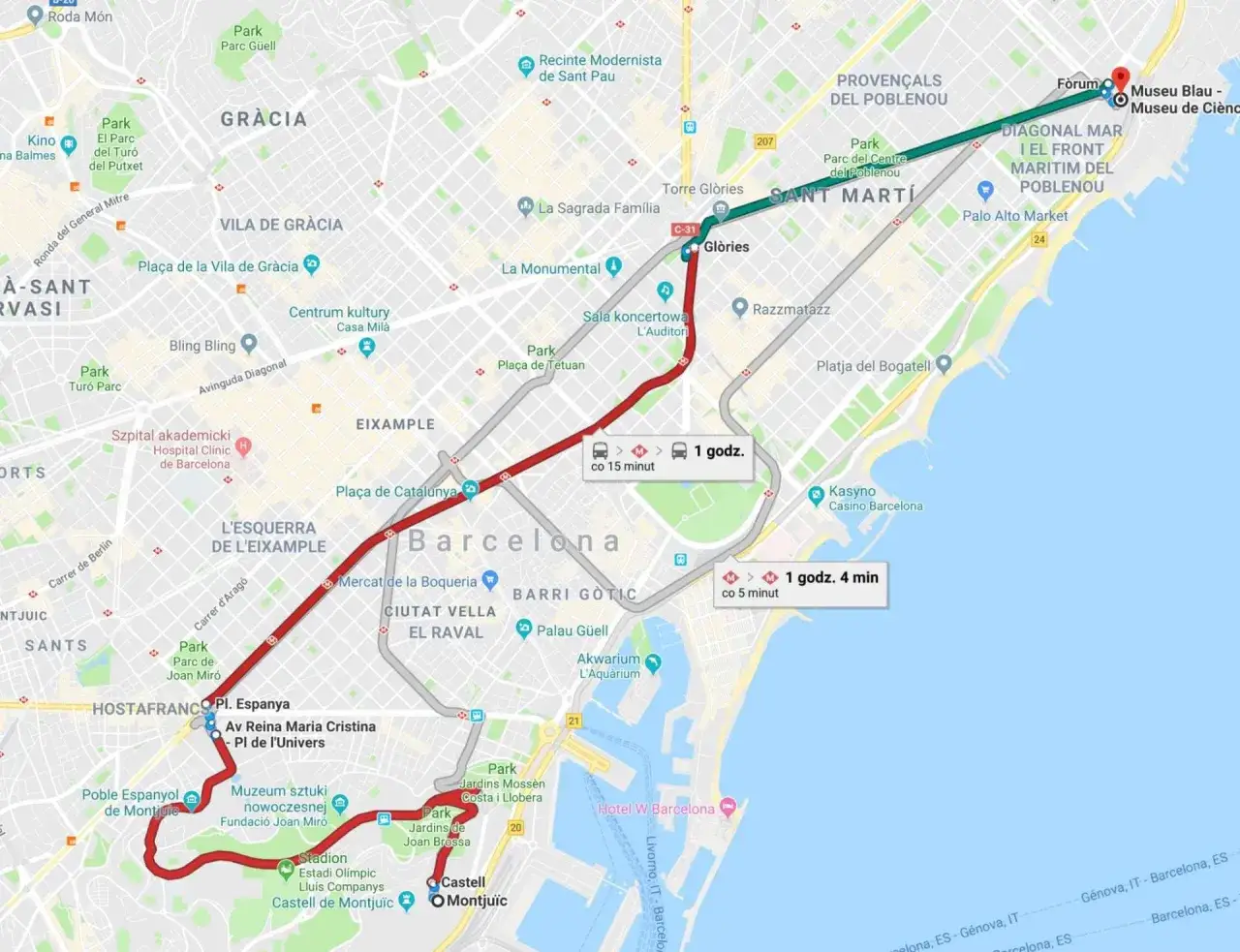 Jak poruszać się po Barcelonie: mapa pokazuje trasy metra i autobusów, łączące kluczowe punkty miasta, np. Poble Espanyol z Forum.