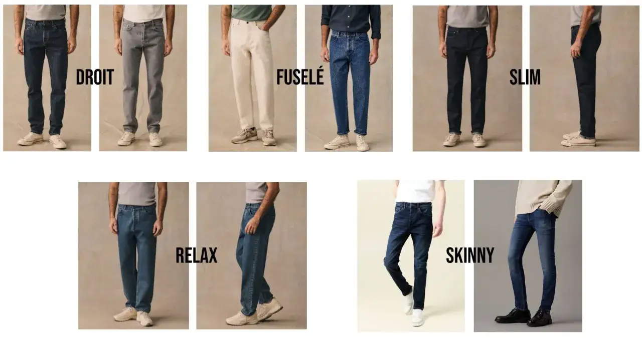 Découvrez les différentes coupes de jeans homme : droit, fuselé, relax, slim et skinny.