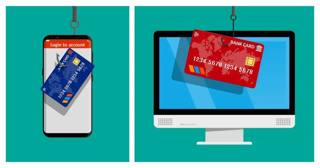 Złowienie hasła do bankowości internetowej przez phishing. Karta bankowa na haczyku nad ekranem telefonu i komputera.