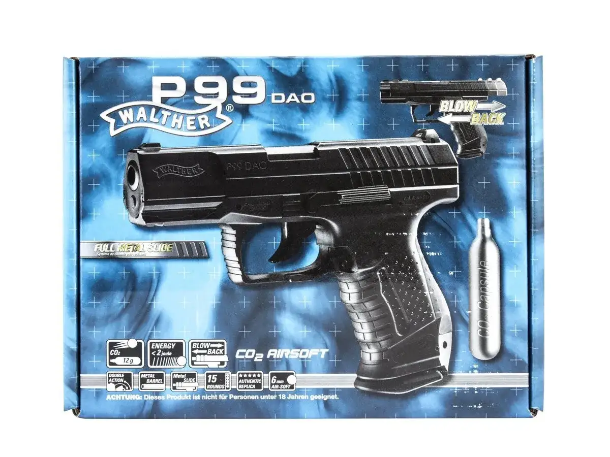 Pistolet Walther P99 DAO CO2 Airsoft, wiatr&oacute;wka z blow-back i metalowym zamkiem.