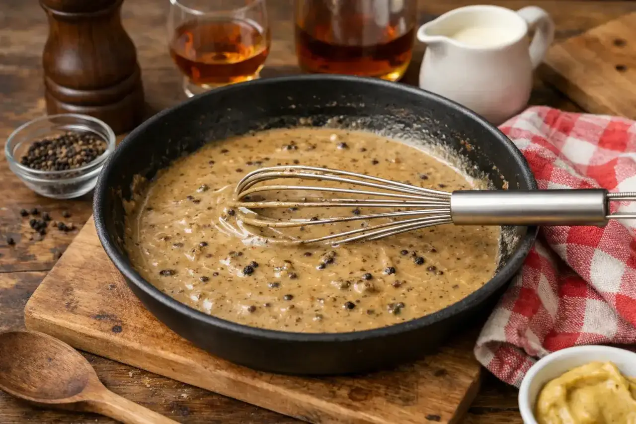 Une sauce au poivre, recette de chef, mijote dans une po&ecirc;le avec un fouet. Des grains de poivre, du cognac et de la cr&egrave;me sont visibles.