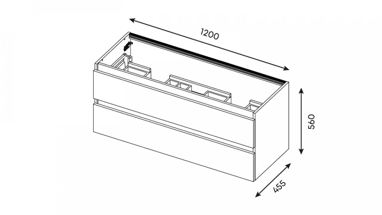 Meuble de salle de bain suspendu avec deux tiroirs. Dimensions : 1200 mm de largeur, 560 mm de hauteur et 455 mm de profondeur.