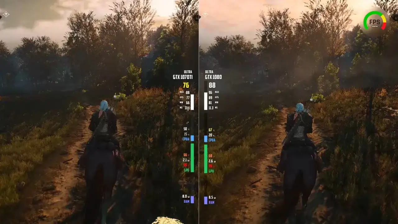 Comparaison des performances : le test FPS montre la GTX 1080 surpassant la GTX 1070 Ti dans un paysage de jeu.