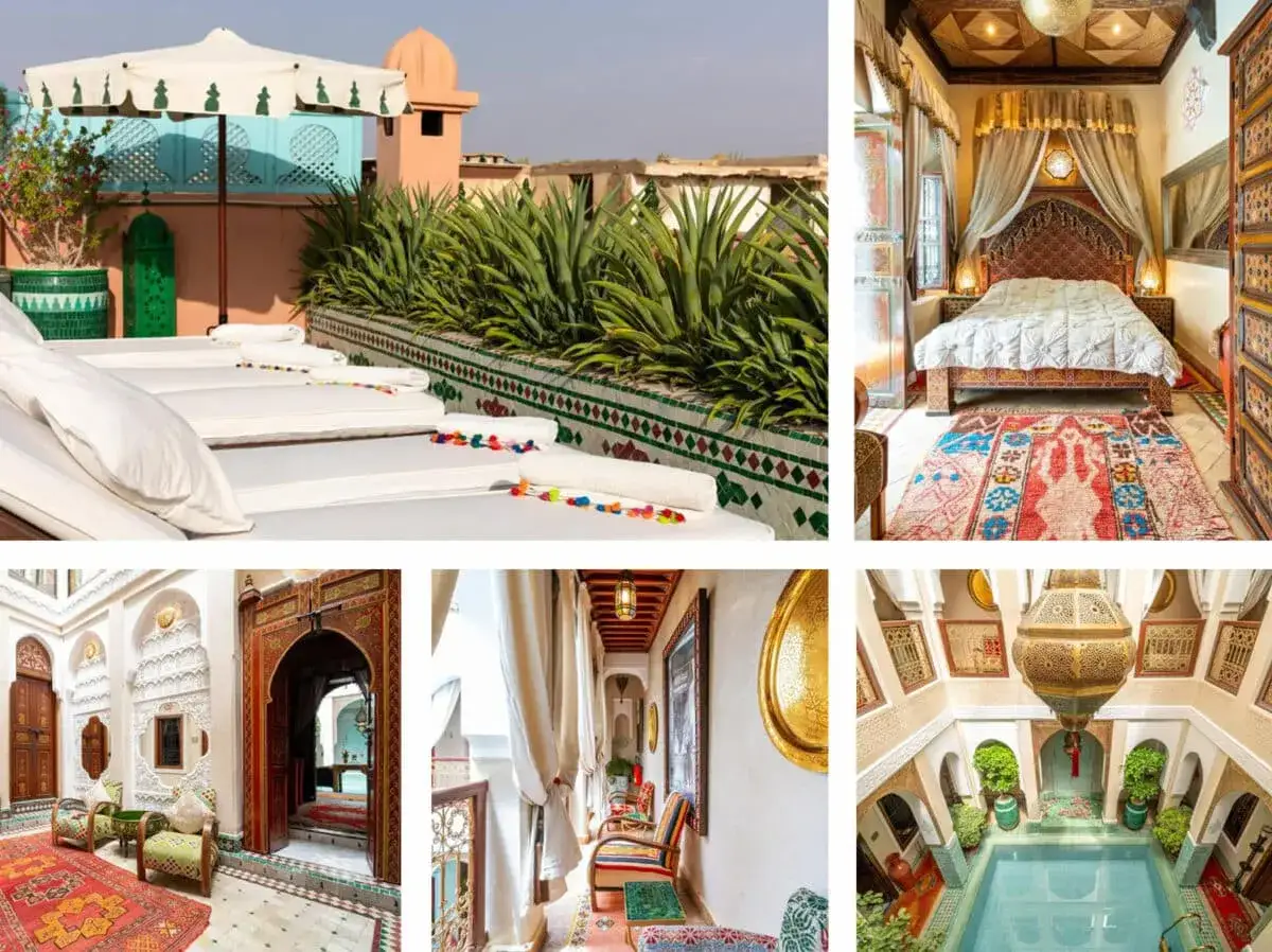 Magnifique riad marocain : terrasse avec transats, chambre luxueuse, cour int&eacute;rieure avec piscine. Id&eacute;al pour un budget maroc.