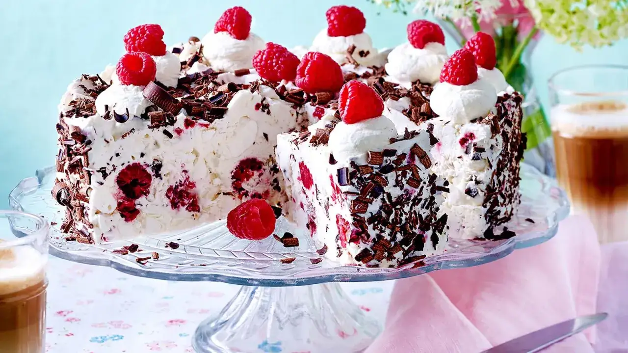 Eistorte mit Himbeeren und Schokostreuseln, ein köstliches eistorte rezept für heiße Tage.
