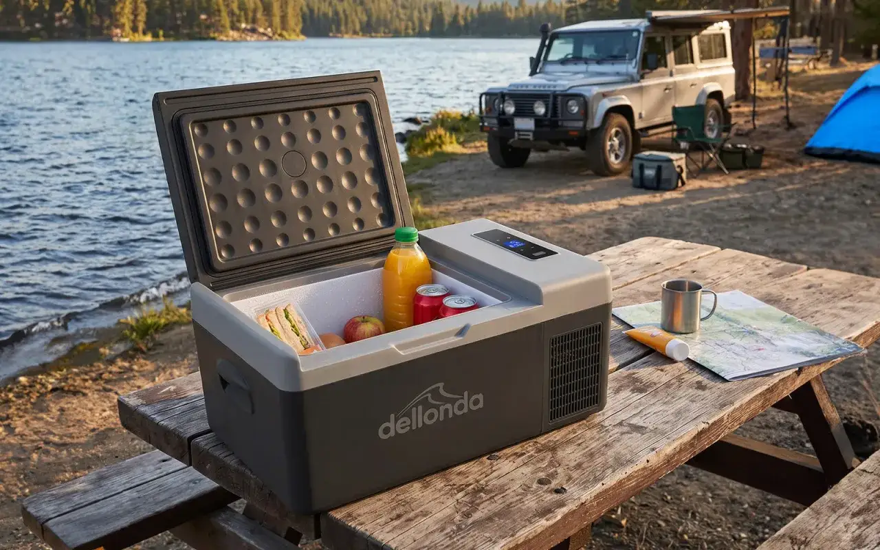 Cooler with drinks, sandwiches, and apples, perfect for what to eat when camping. A car and tent are visible in the background by a lake.