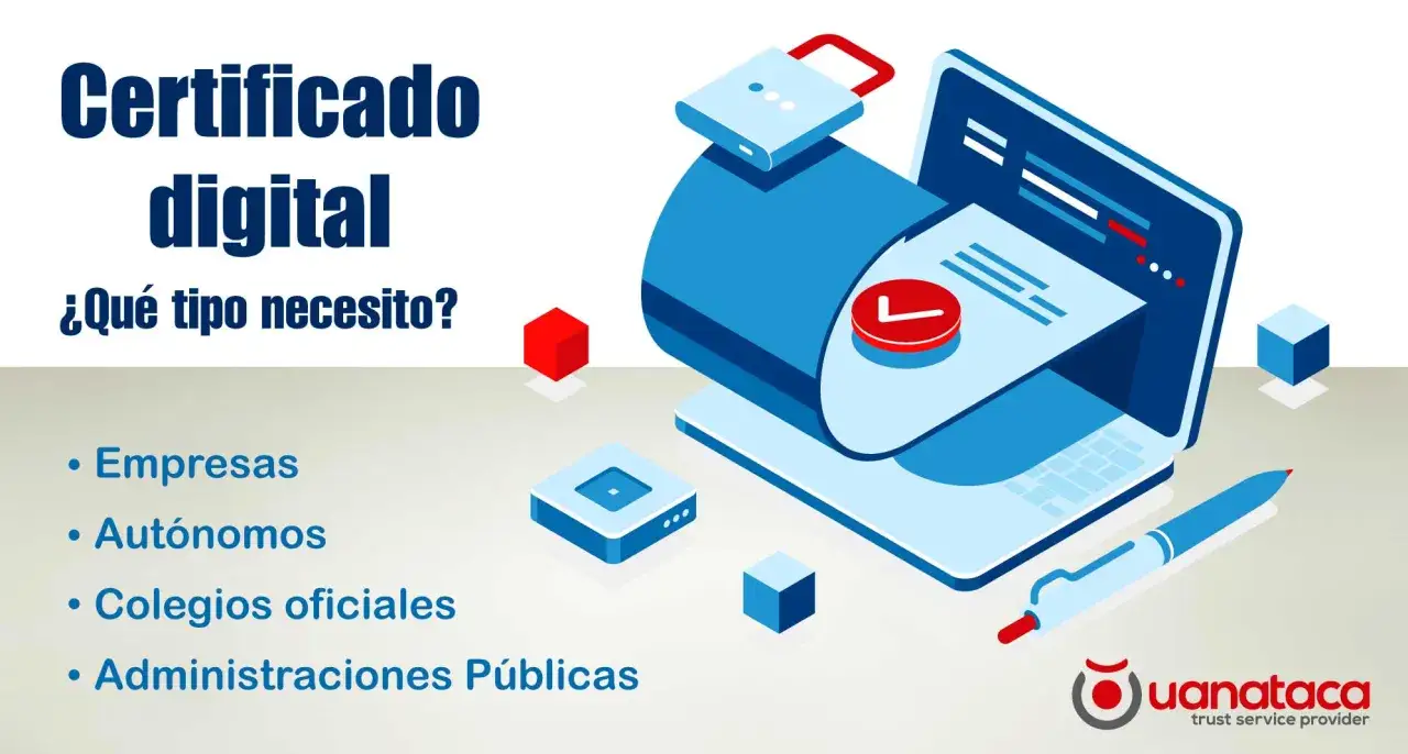 Certificado digital para empresas, autónomos, colegios y administraciones públicas. Imagen con un portátil, candado y bolígrafo.