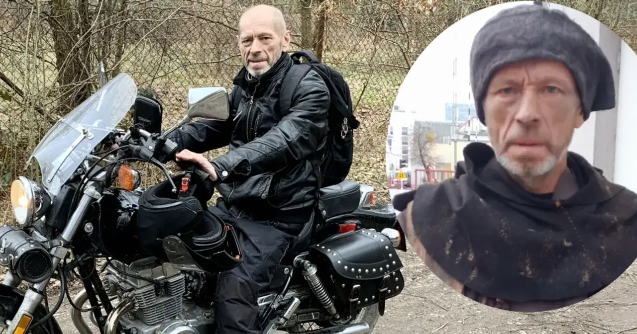 Stanisław Pąk na motocyklu w czarnej kurtce i plecaku. W okręgu jego twarz w kapturze.