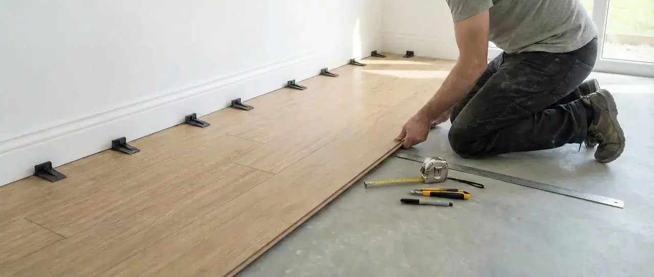 A person is installing vinyl plank flooring, but some planks are not laying flat. Spacers are used along the wall.