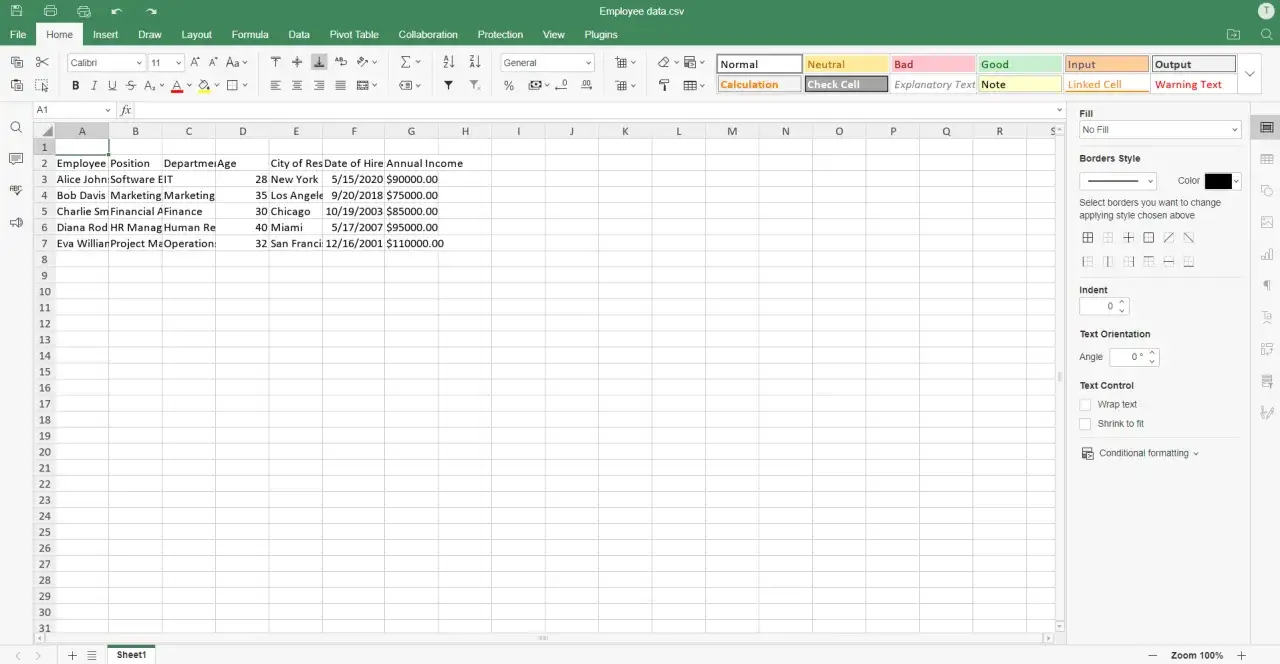 Hoja de c&aacute;lculo con datos de empleados en formato extension csv. Muestra nombres, puestos, departamentos, edades, ciudades, fechas de contrataci&oacute;n e ingresos anuales.