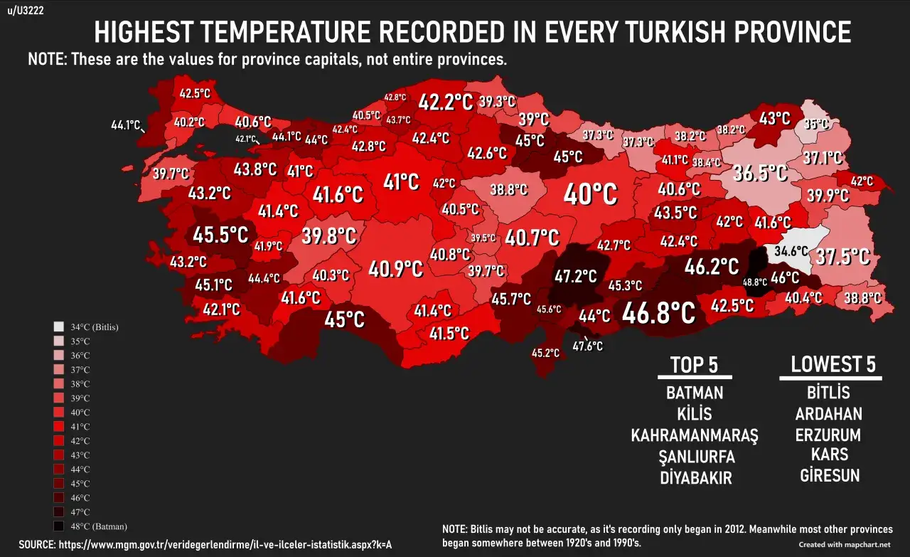 Sierpień w Turcji to gorący miesiąc. Mapa pokazuje najwyższe temperatury w stolicy każdej prowincji, z wartościami sięgającymi nawet 46.8°C.
