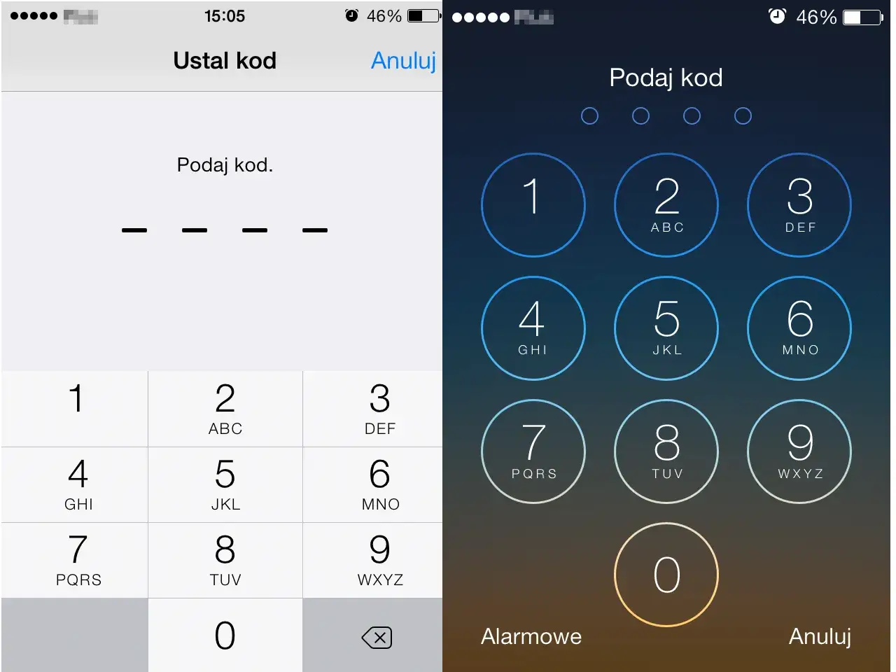 Blokada ekranu iPhone. Ustawianie kodu PIN, widoczna klawiatura numeryczna i cztery kreski symbolizujące wprowadzane cyfry.