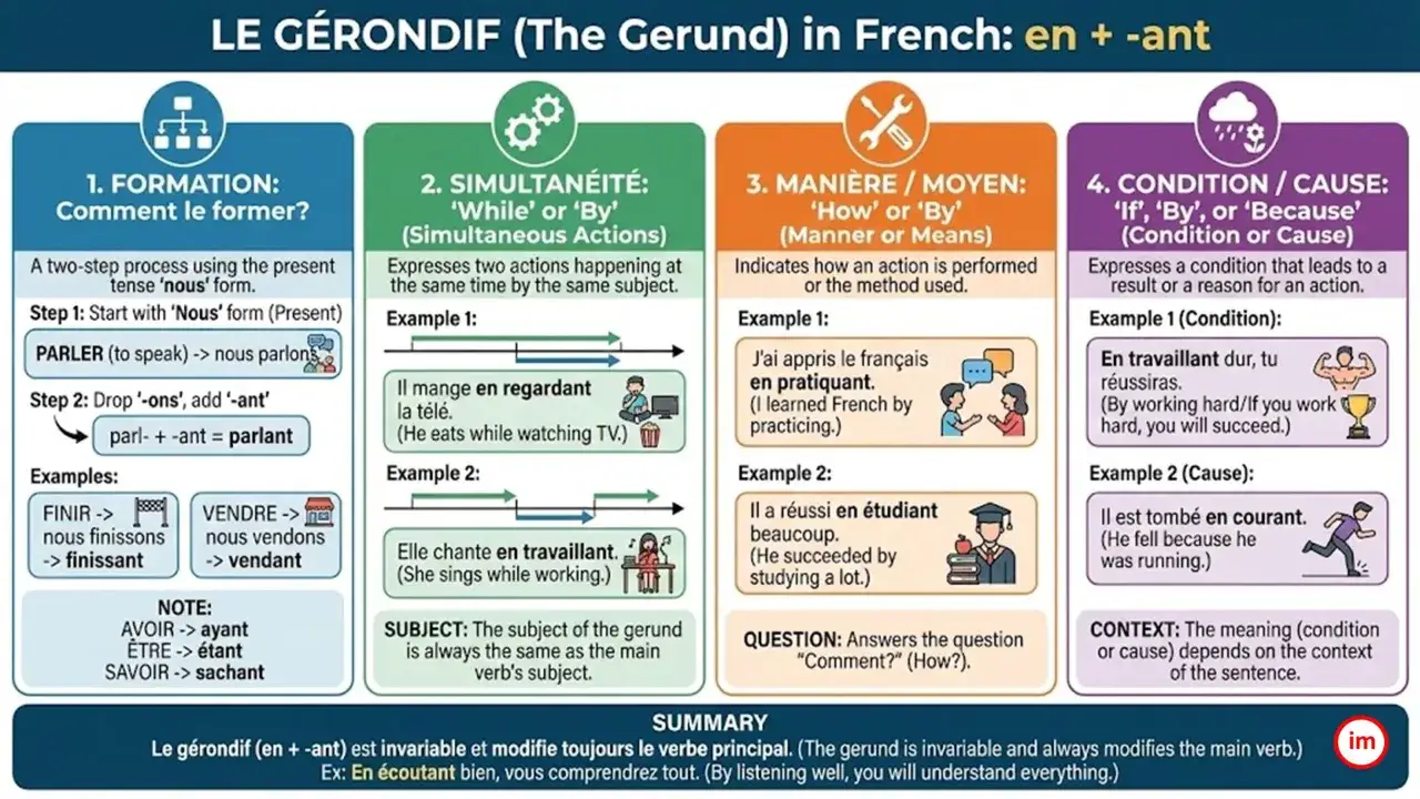 Tableau expliquant le gérondif en français : formation, simultanéité, manière, condition/cause. Ex: En écoutant bien, vous comprendrez tout.
