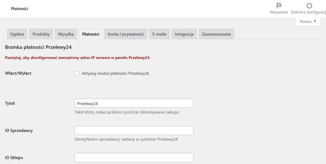 Konfiguracja bramki płatności Przelewy24 w WooCommerce. Ustawienia tytułu, ID sprzedawcy i sklepu.