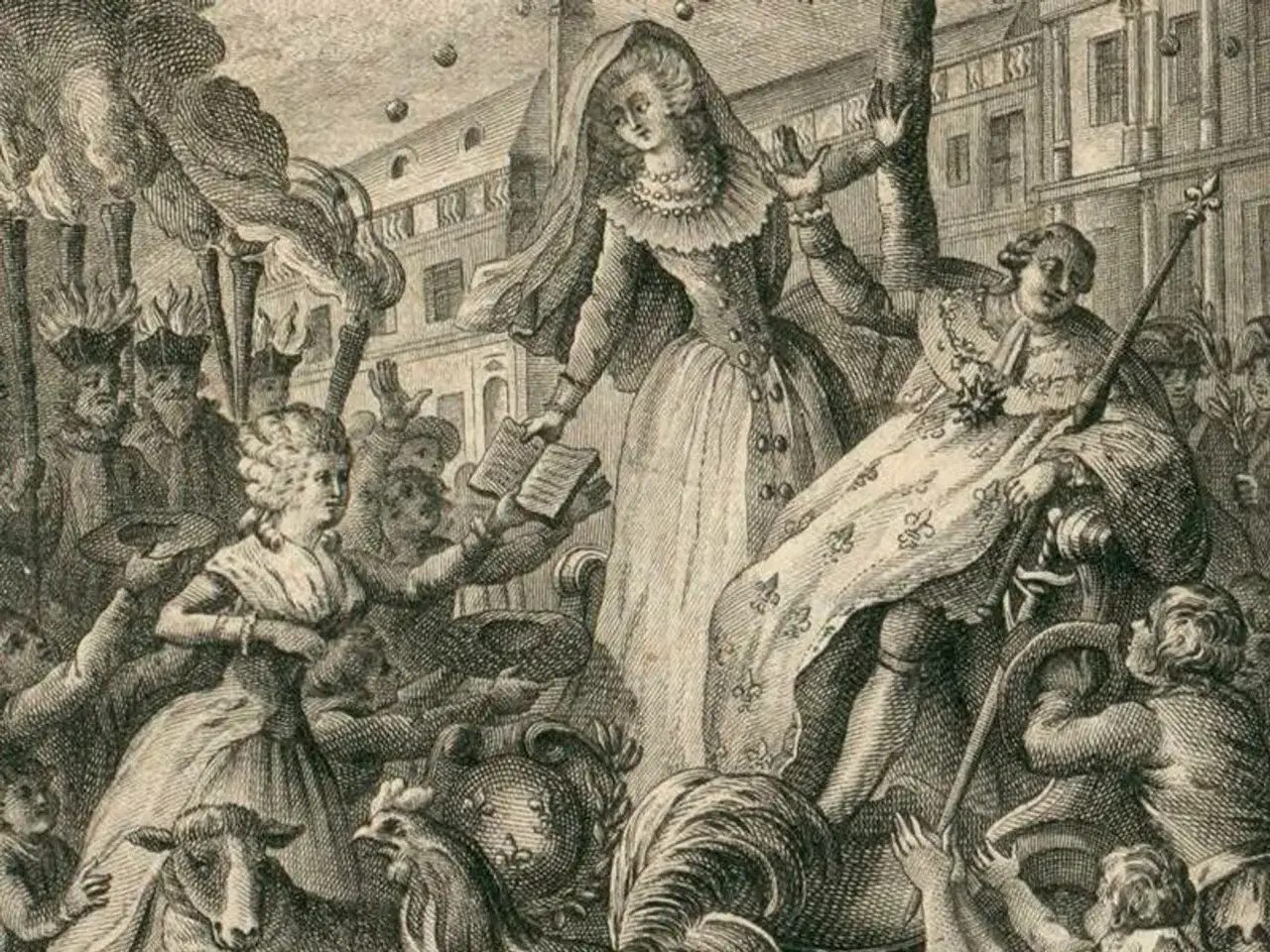 Une femme voilée, peut-être Olympe de Gouges, lit un livre. Un homme en habit royal, tenant un sceptre, est à ses pieds. La scène évoque une allégorie.