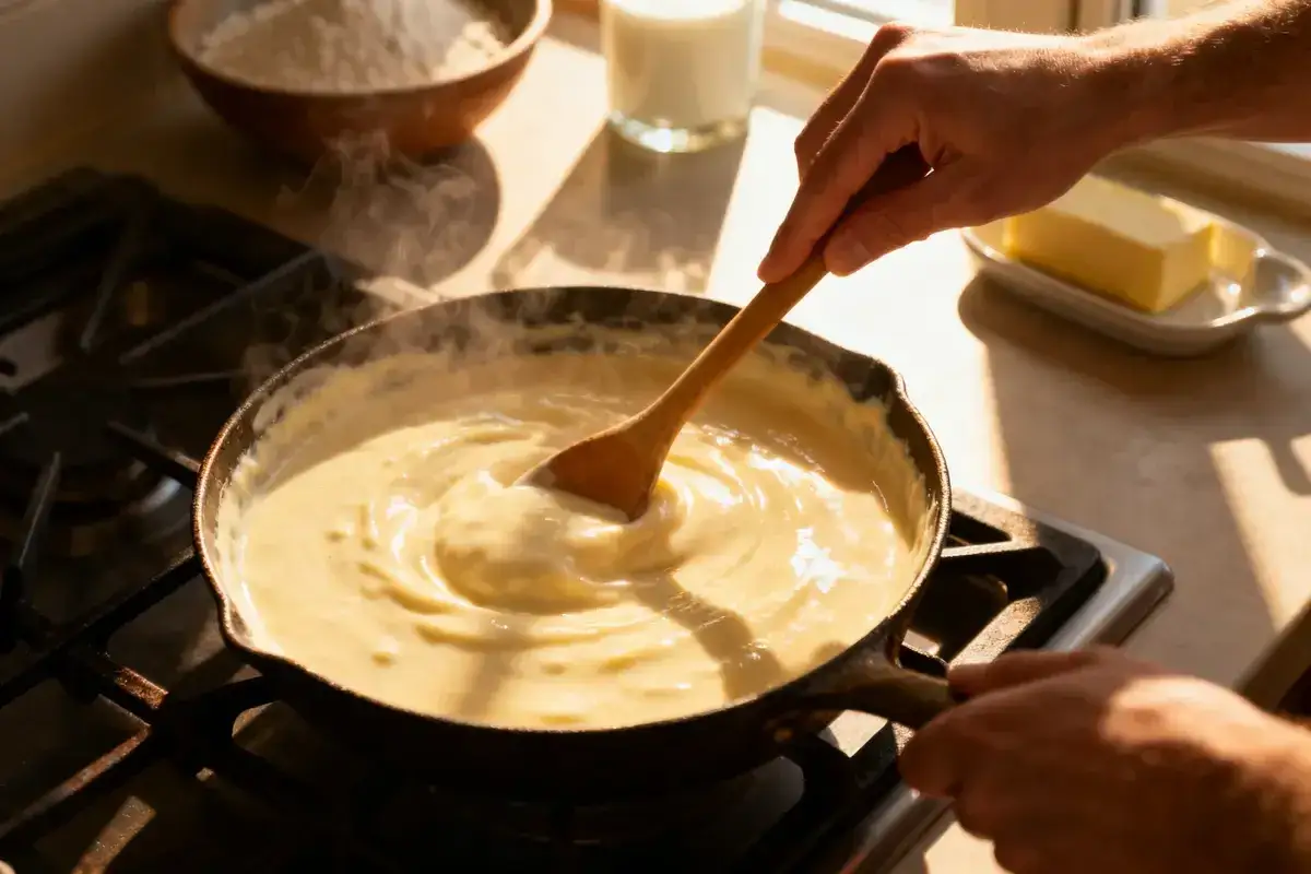 Préparation d'une béchamel onctueuse dans une poêle, avec du lait, de la farine et du beurre à proximité.