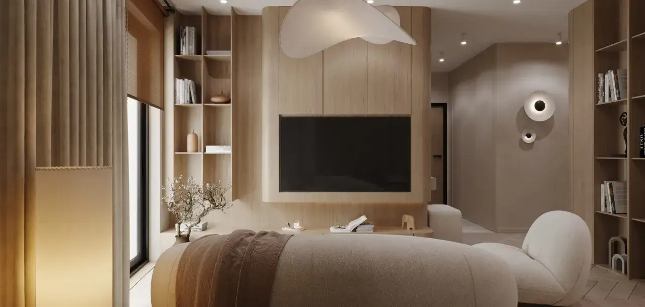 Przytulny salon w stylu japandi. Drewniane półki, miękka sofa i subtelne oświetlenie tworzą harmonię.