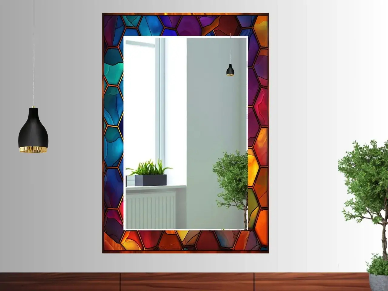 Miroir vitrail aux couleurs vives, bordé de motifs hexagonaux aux teintes de bleu, violet, rouge et jaune. Il reflète une fenêtre et une plante verte.