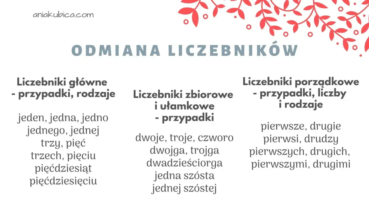 Odmiana liczebników: główne (jeden, jedna), zbiorowe (dwoje, troje) i porządkowe (pierwsze, drugie).