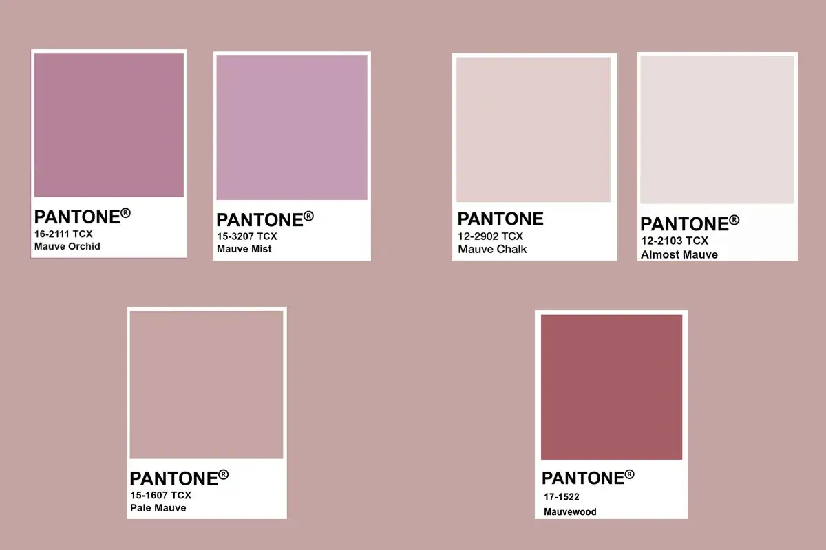Palette di colori Pantone che esplorano il colore malva abbinamenti, dal Mauve Orchid al Mauvewood, per ispirare ogni progetto.