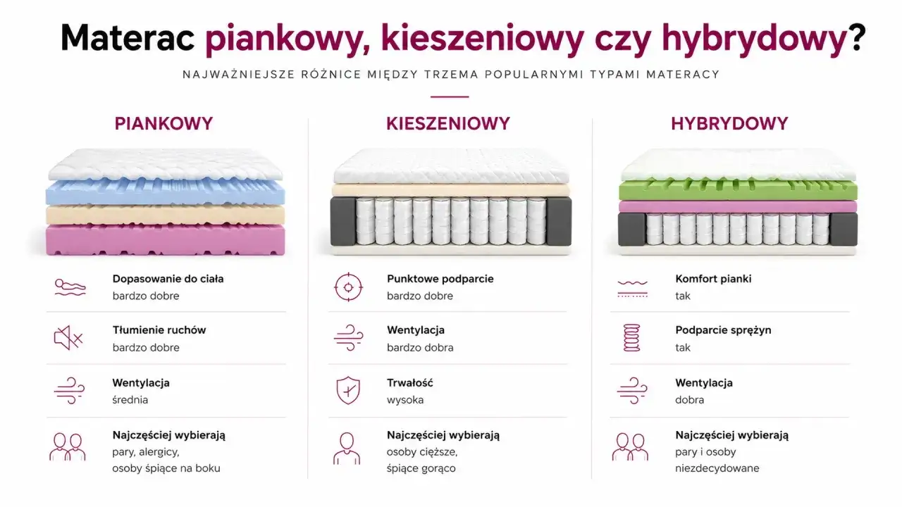 Porównanie materacy: piankowy, kieszeniowy i hybrydowy. Ranking materacy uwzględnia dopasowanie, tłumienie ruchów, wentylację i komfort.
