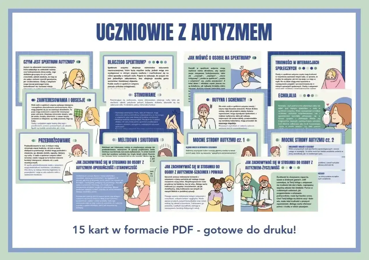 15 kart PDF o autyzmie dziecięcym: czym jest spektrum, jak mówić o osobach na spektrum, mocne strony, trudności, stimowanie, meltdown, echolalia.