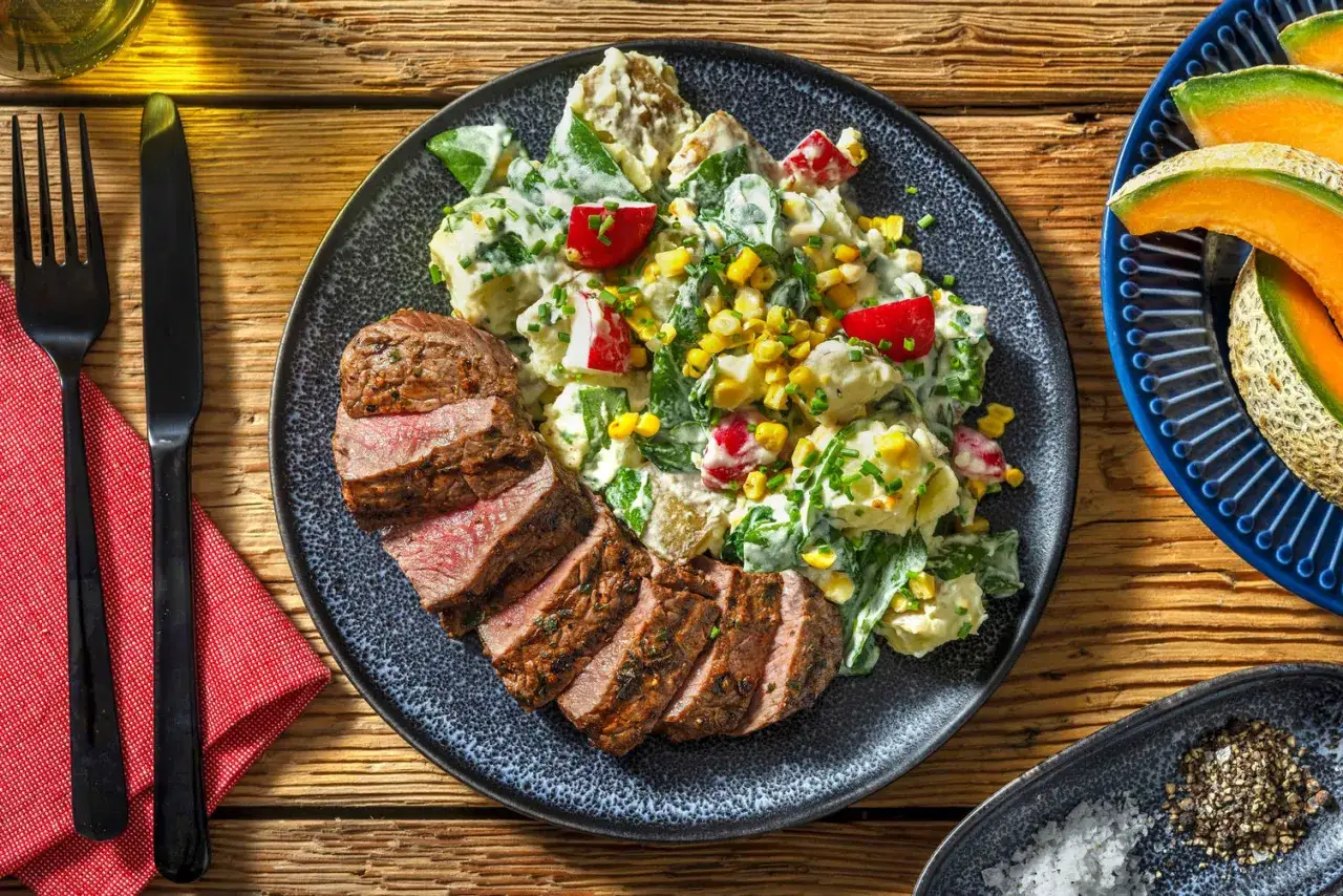 Saftig grillad ryggbiff med kr&auml;mig potatissallad, majs, r&auml;disor och f&auml;rska &ouml;rter. En h&auml;rlig sommarm&aring;ltid.