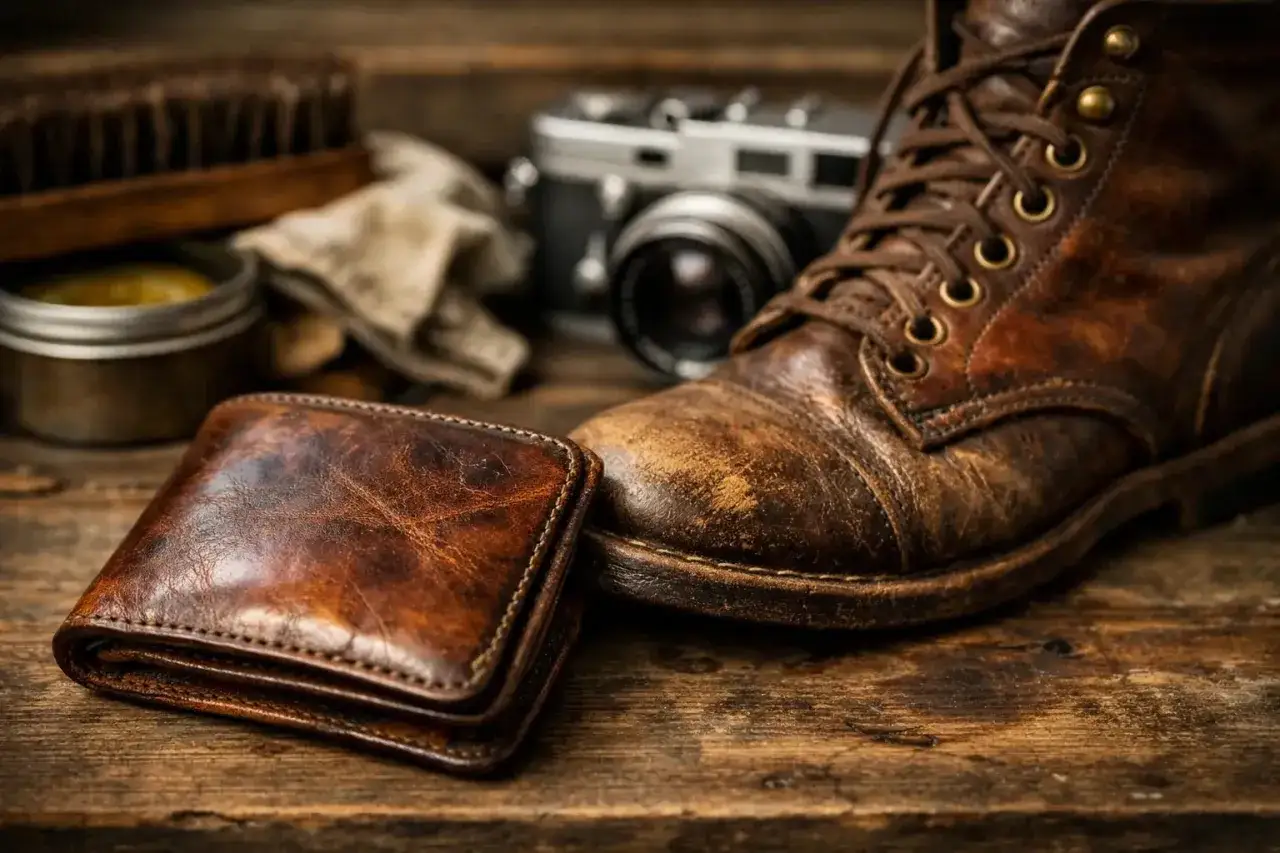 Portefeuille et botte en cuir patiné, prêts pour l'aventure. Une vieille caméra et une brosse à cirage complètent la scène.