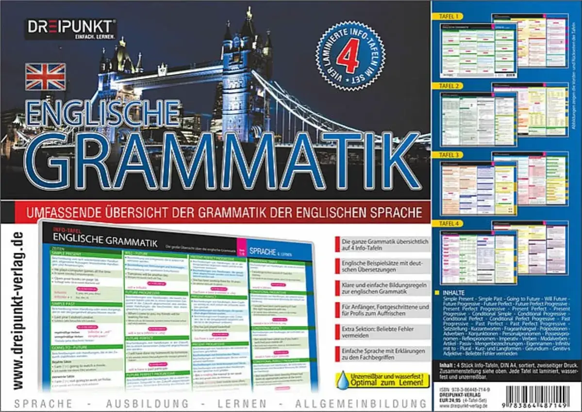 Umfassende &Uuml;bersicht der englischen Grammatik auf 4 laminierten Info-Tafeln. Ideal zum Lernen und Auffrischen der englisch Grammatik.
