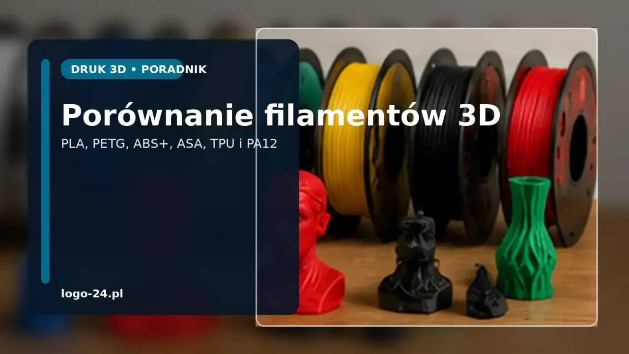 Porównanie filamentów 3D: PLA, PETG, ABS+, ASA, TPU i PA12. Kolorowe szpulki filamentów i wydrukowane modele, w tym czerwiony popiersie i zielony wazon.