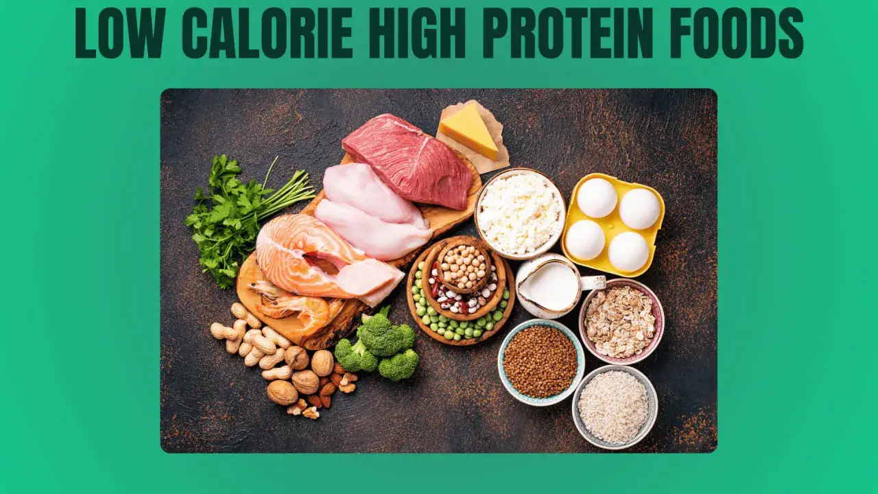 Vielfalt an Lebensmitteln mit viel Protein und wenig Kalorien: Lachs, H&auml;hnchen, Rindfleisch, Eier, H&uuml;ttenk&auml;se, N&uuml;sse, Bohnen, Erbsen, Haferflocken, Buchweizen und Reis.
