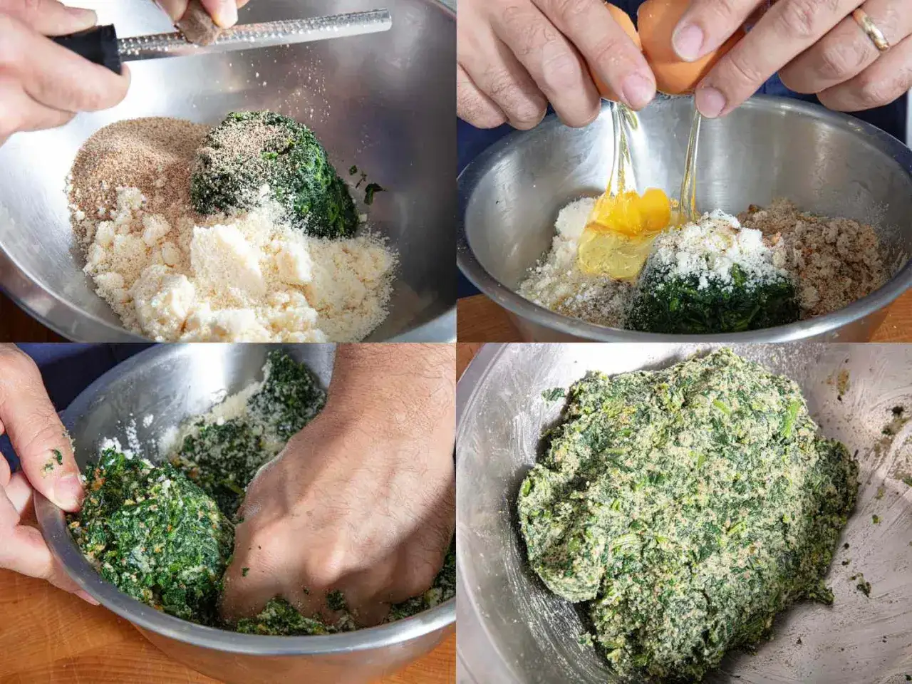 Förbereder ingredienser för ett gnudi recept: spenat, ost, ströbröd och ägg blandas i en skål.