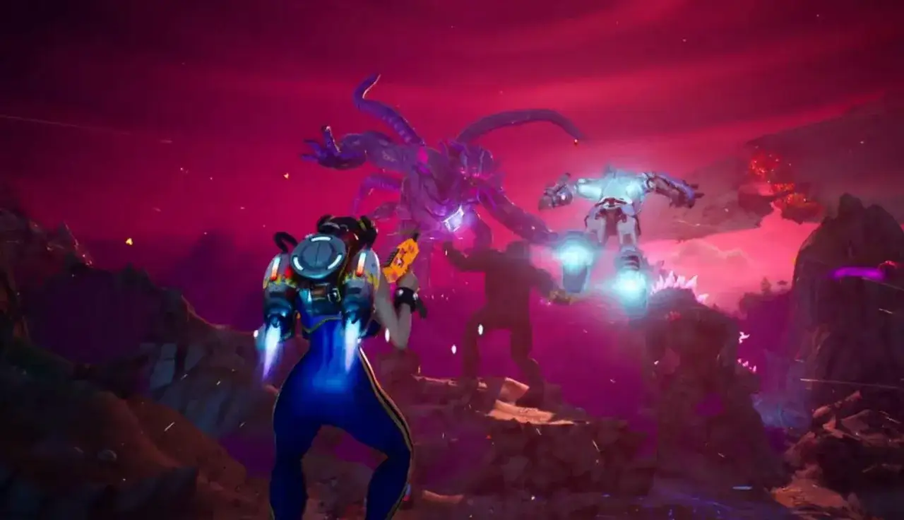 Kiedy nowy rozdział w Fortnite: bohaterka z plecakiem odrzutowym walczy z potworem i robotem na tle purpurowego nieba.