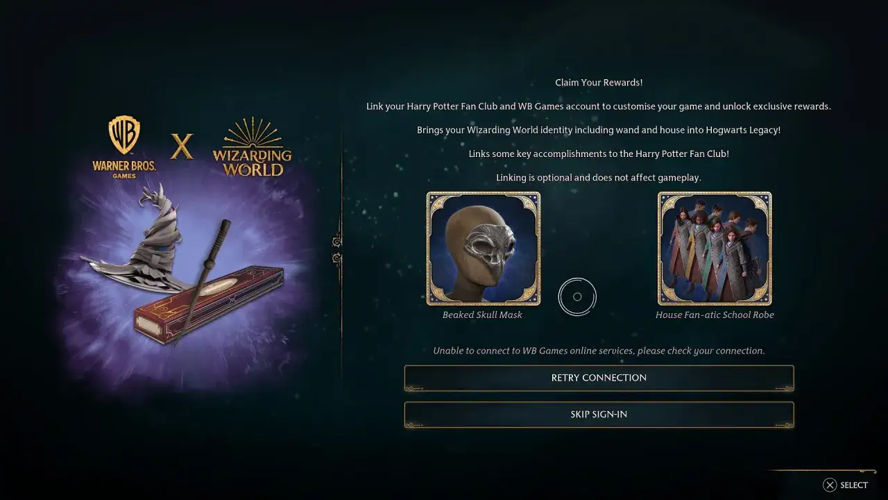 Máscara de calavera y túnicas escolares para desbloquear en Hogwarts Legacy. ¡Reclama tus trofeos!