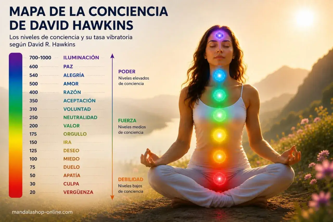 Mapa de la conciencia de David Hawkins con una mujer meditando y sus chakras iluminados, mostrando el nivel de conciencia.