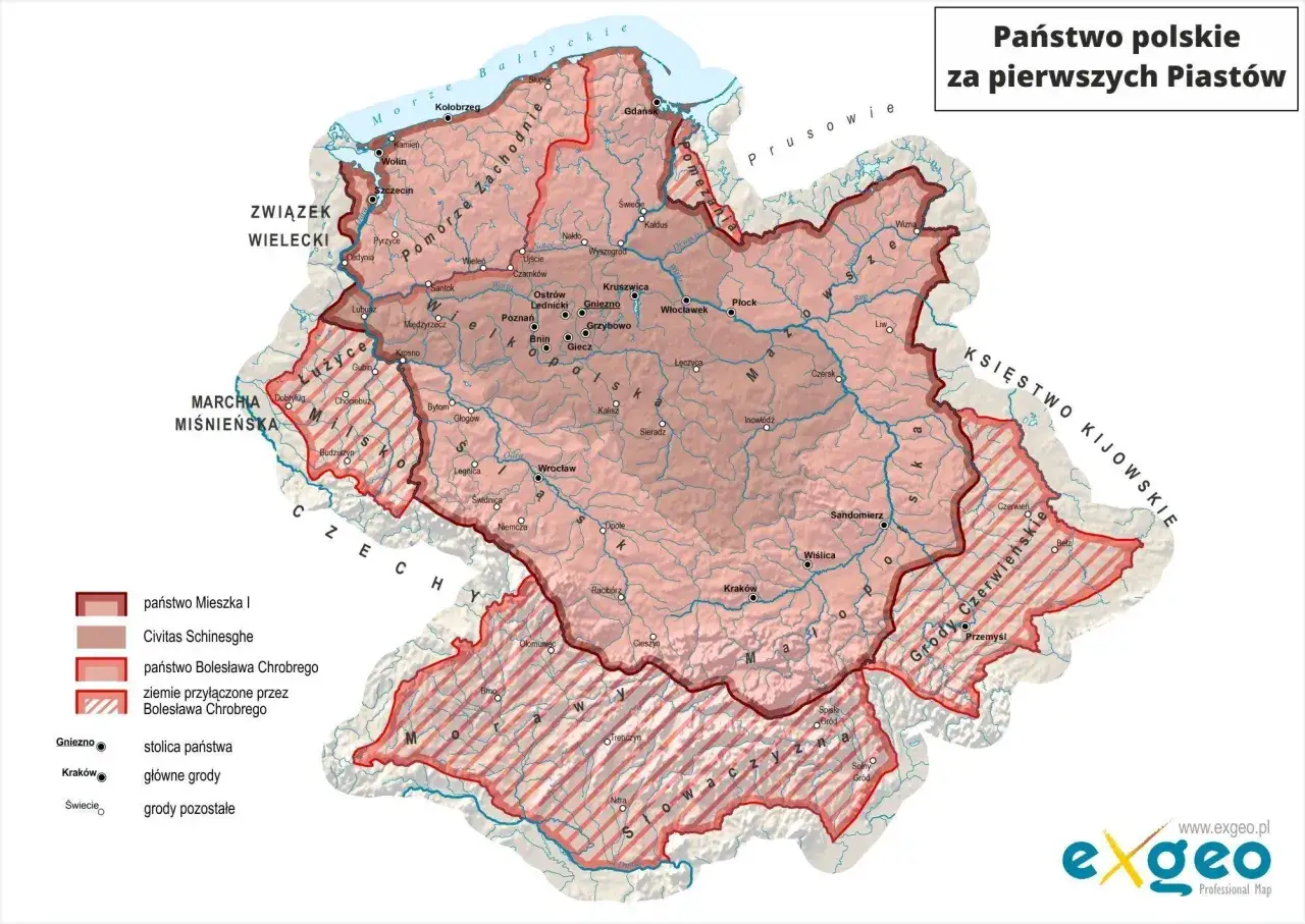 Mapa państwa pierwszych Piastów. Pokazuje ziemie Mieszka I i Bolesława Chrobrego, kluczowe grody i stolice, ilustrując kontekst historyczny **przyczyn chrztu Polski**.