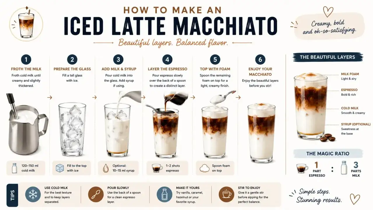 Jak zrobić latte macchiato: spienij mleko, dodaj lód i syrop, wlej mleko, a potem espresso. Na wierzch nałóż piankę. Ciesz się warstwami!