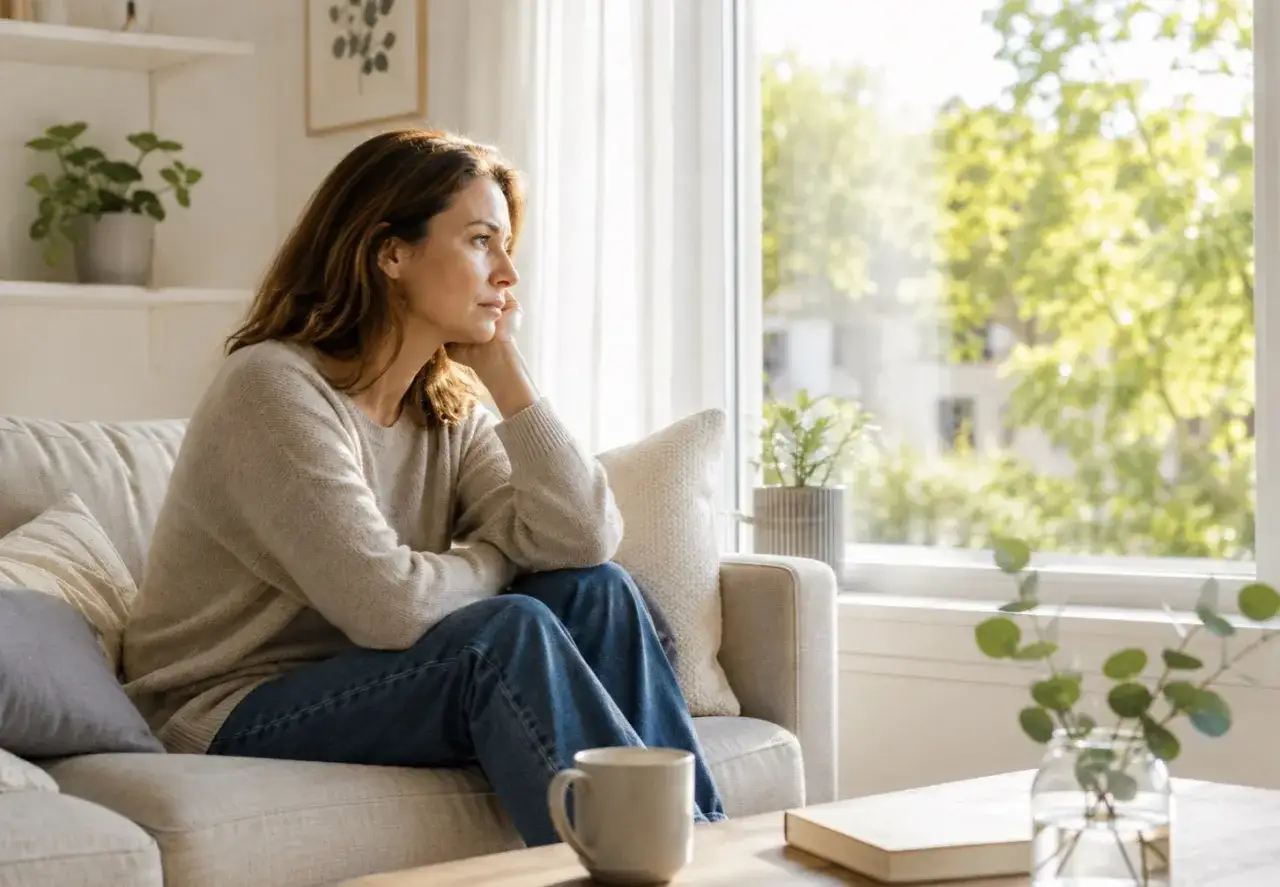 Kvinna sitter i soffan och tittar ut genom f&ouml;nstret, kanske funderar &ouml;ver brist p&aring; testosteron och dess effekter.