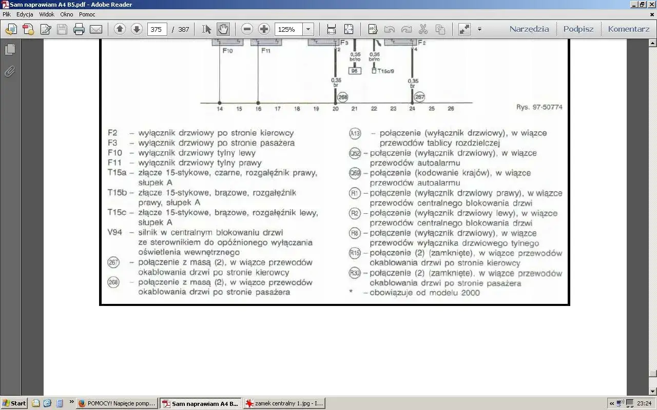 Schemat Audi A4 B5: lokalizacja pompki centralnego zamka i powiązanych elementów.