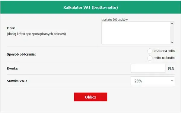 kalkulator VAT online interfejs