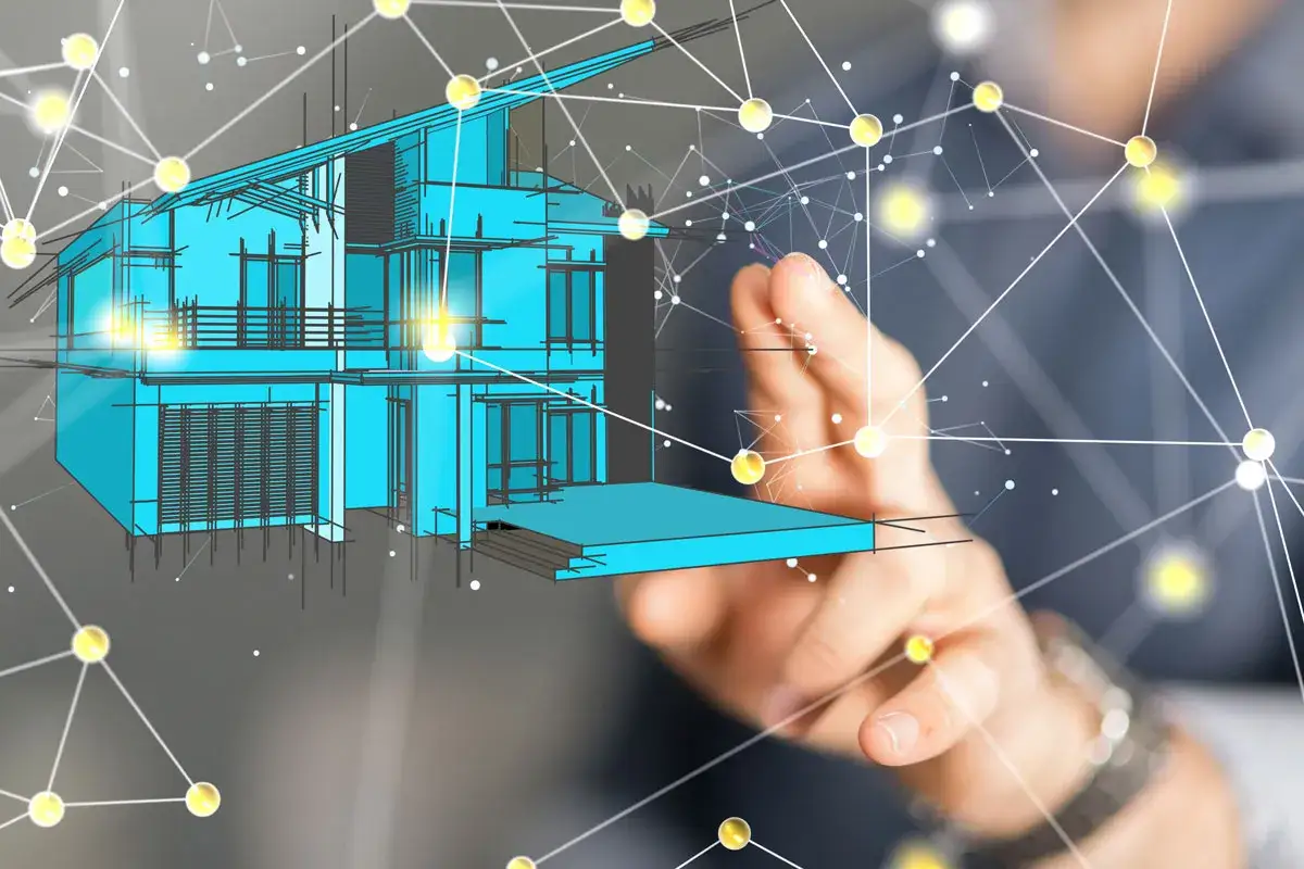 Ein Mann interagiert mit einem 3D-Hausmodell, das &uuml;ber ein Netzwerk von Punkten und Linien verbunden ist. Die gira app erm&ouml;glicht solche interaktiven Entw&uuml;rfe.