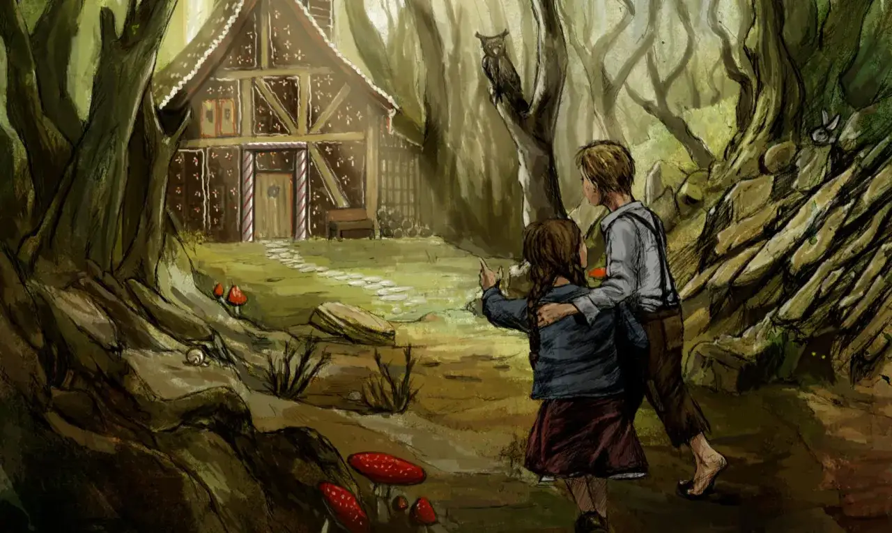 Hansel y Gretel, perdidos en el bosque, descubren una casa de dulces. Un b&uacute;ho los observa desde un &aacute;rbol.