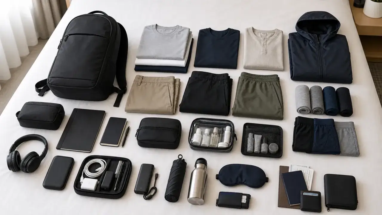 Organiza tu equipo para saber como hacer una mochila de viaje: ropa, neceser, electrónica y accesorios.