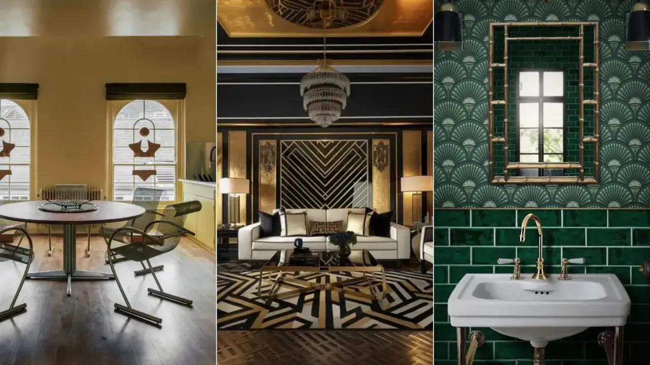 Eleganckie wnętrza w stylu art déco: jadalnia z okrągłym stołem, salon z geometryczną tapetą i łazienka z zielonymi kafelkami.