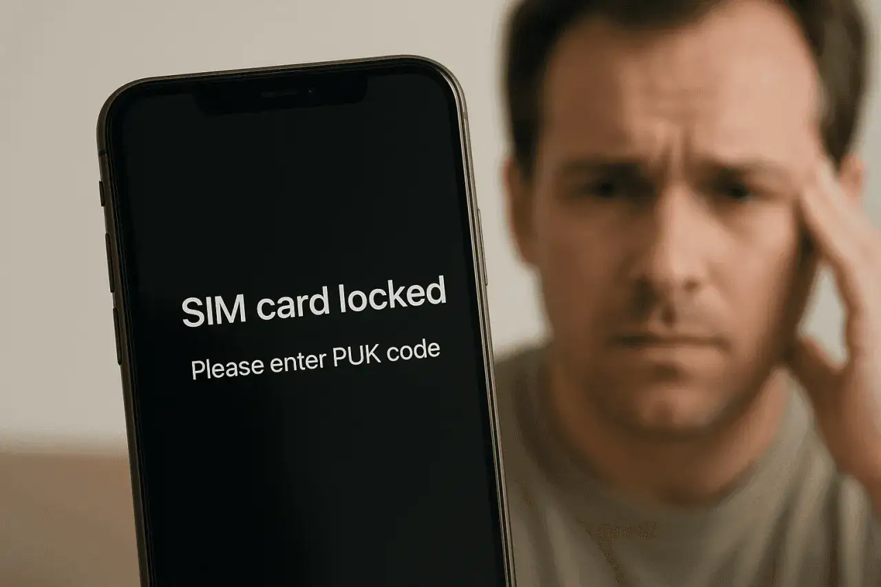 Zablokowana karta SIM? Zmartwiony mężczyzna zastanawia się, skąd wziąć kod PUK, by odblokować telefon.