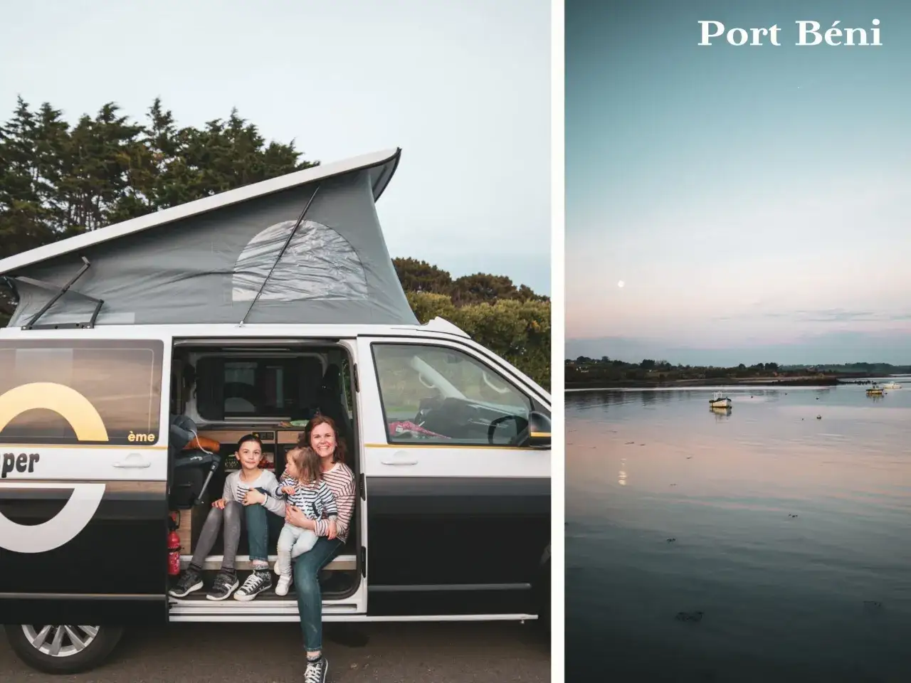 Famille heureuse en camping-car en Bretagne, profitant d'un coucher de soleil sur l'eau à Port Béni.