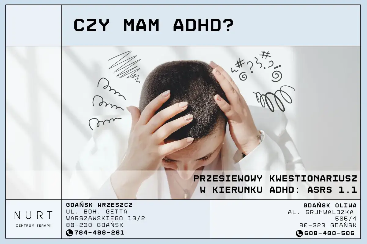 Kobieta z rękami na głowie, otoczona chaotycznymi rysunkami, symbolizującymi trudności w interpretacji wyników ASRS 1.1.