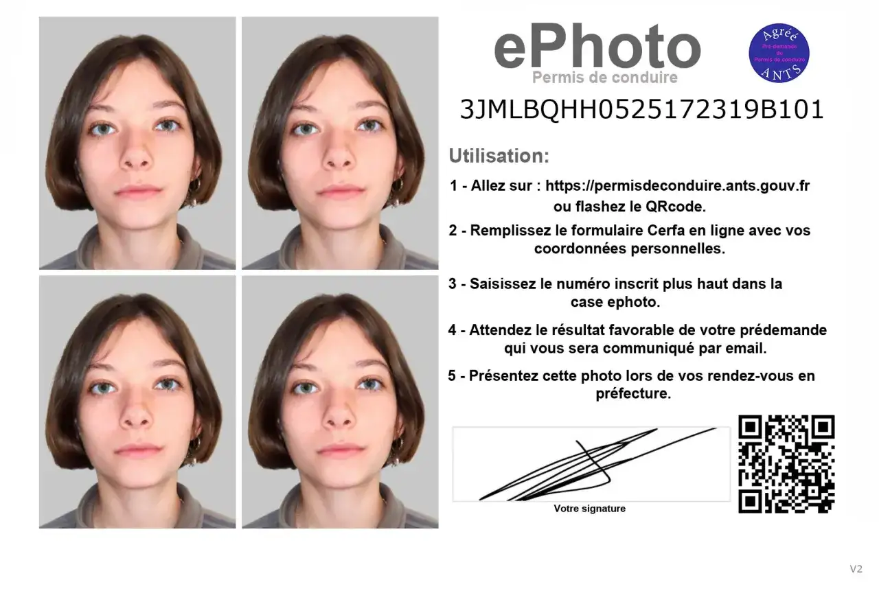 Quatre photos d'identit&eacute; pour une photo de permis de conduire. Instructions pour la pr&eacute;-demande en ligne sur ANTS.