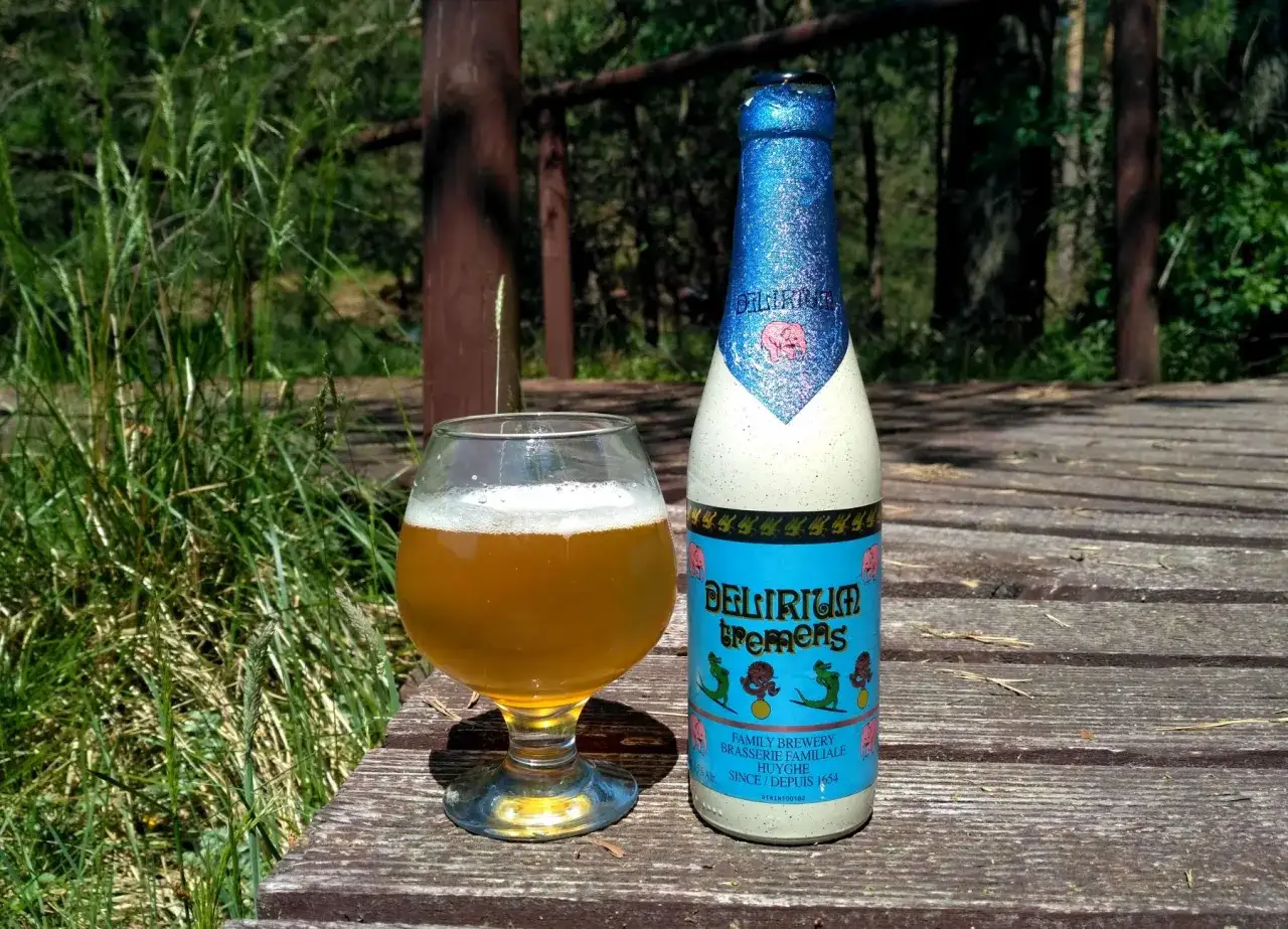 Piwo Delirium Tremens w szklance i butelce na drewnianym pomoście, otoczone zielenią.